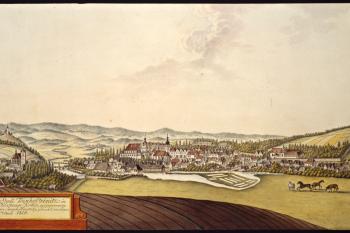 Zámek a město na vedutě I.A.Venuta z roku 1818 (© Ing. Karel Kubín, 09/2017)
