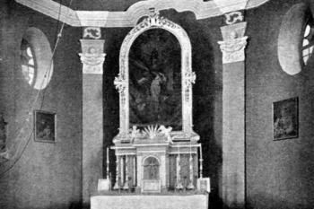 presbytář na počátku 20. století (© Antonín Podlaha: Posvátná místa království Českého; Díl 2., Vikariáty: Berounský, Bystřický a Plzeňský, Dědictví sv. Jana Nepomuckého, Praha 1908)