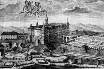klášter na rytině M. Ziegelbauera, 1740 (© Johannes Zeschick: Benediktini a benediktinky v Čechách a na Moravě, Benediktinské arciopatství sv. Vojtěcha a sv. Markéty, Praha 2007)