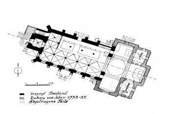 půdorys kostela ( © Kühn, Karl F.: Topographie der historischen und Kunstgeschichtlichen Denkmale in der Tschechoslowakischen Republik, A. Land Böhmen, LI. Der Bezirk Reichenberg, R.M. Rohrer Verlag, Brünn - Prag - Leipzig - Wien 1934)