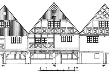 nákres průčelí domů před obnovou ( © Kühn, Karl F.: Topographie der historischen und Kunstgeschichtlichen Denkmale in der Tschechoslowakischen Republik, A. Land Böhmen, LI. Der Bezirk Reichenberg, R.M. Rohrer Verlag, Brünn - Prag - Leipzig - Wien 1934)
