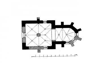 půdorys kostela ( © Ferdinand Vaněk, Karel Hostaš, František Adolf Borovský: Soupis památek historických a uměleckých v Království Českém, sv. 07 Politický okres klatovský, Archaelogická komise při České akademii císaře Františka Josefa pro vědy, slovesnost a umění, Praha)