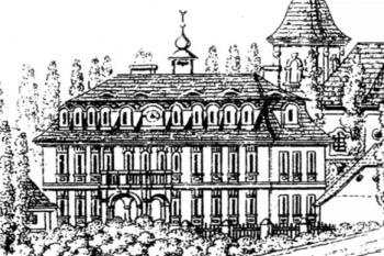 zámek od jihovýchodu na výřezu z rytiny podle kresby F.K. Wolfa z r, 1815 ( © J. Úlovec: Tvrz a zámek ve Zdibech u Prahy, Castellologica bohemica 8, ArÚ AV ČR a Společnost přátel starožitností, Praha 2008)