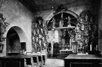 interiér kostela na počátku 20. století (© Antonín Podlaha: Posvátná místa království Českého; Díl 2., Vikariáty: Berounský, Bystřický a Plzeňský, Dědictví sv. Jana Nepomuckého, Praha 1908)