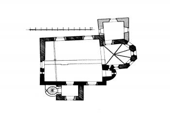 půdorys kostela ( © E.F. Beneš, 1926 (in J. Hajšman: Zapomenuté hrady, tvrze a místa 38 - Panský dvůr a kostel sv. Jiří v Plzni - Doubravce , Nadace České hrady, Plzeň 2007))