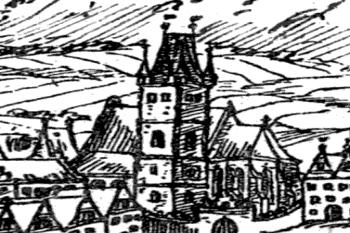 kostel od jihu před požárem města r. 1599 - výřez z rytiny Jana Willenberga (© repro Antonín Podlaha: Posvátná místa království Českého; Díl 2., Vikariáty: Berounský, Bystřický a Plzeňský, Dědictví sv. Jana Nepomuckého, Praha 1908)