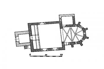 půdorys kostela ( © Jan Sommer: Vlastivědná knihovnička SPS 8: Tři gotické kostely pod hradem Lipnicí. Dolní Město, Loukov, Řečice, Společnost přátel starožitností v Praze, 1999)