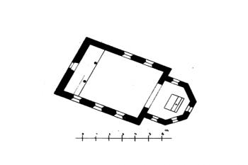 půdorys kaple (© Antonín Cechner: Soupis památek historických a uměleckých v Čechách, sv. 42 Politický okres kaplický, Archaelogická komise při České akademii věd a umění, , Praha 1921)
