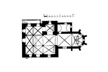 půdorys kostela ( © Antonín Cechner: Soupis památek historických a uměleckých v Čechách, sv. 42 Politický okres kaplický, Archaelogická komise při České akademii věd a umění, , Praha 1921)