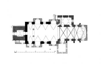půdorys kostela ( © František Mareš, Jan Sedláček: Soupis památek historických a uměleckých v Království Českém, sv. 41 Politický okres krumlovský, Archaelogická komise při České akademii císaře Františka Josefa pro vědy, slovesnost a umění, Praha 1918)