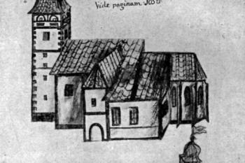 kostel před pozdně barokní přestavbou ( © František Mareš, Jan Sedláček: Soupis památek historických a uměleckých v Království Českém, sv. 41 Politický okres krumlovský, Archaelogická komise při České akademii císaře Františka Josefa pro vědy, slovesnost a umění, Praha 1918)