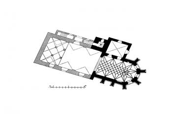 půdorys kostela ( © Antonín Cechner: Soupis památek historických a uměleckých v Čechách, sv. 42 Politický okres kaplický, Archaelogická komise při České akademii věd a umění, , Praha 1921)