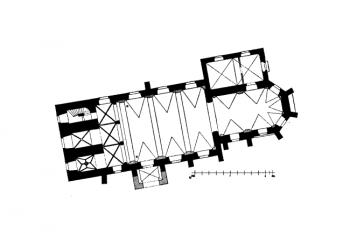 půdorys kostela ( © Antonín Cechner: Soupis památek historických a uměleckých v Čechách, sv. 42 Politický okres kaplický, Archaelogická komise při České akademii věd a umění, , Praha 1921)