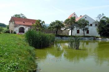 Areál dvora s tvrzí (vpravo) a sýpkou (vlevo) od východu (© Jiří Cukr, 06/2010)