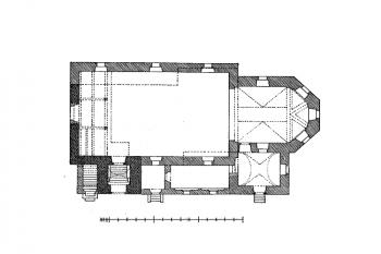 půdorys kostela ( © František Mareš, Jan Sedláček: Soupis památek historických a uměleckých v Království Českém, sv. 41 Politický okres krumlovský, Archaelogická komise při České akademii císaře Františka Josefa pro vědy, slovesnost a umění, Praha 1918)