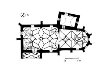 půdorys kostela ( © Roman Lavička, Robert Šimůnek: Venkovský kostel v pozdním středověku. Zátoň 1480-1520, Jihočeský sborník historický 77-78/2008-2009, Jihočeské muzeum v Českých Budějovicích, 2009)