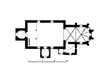 půdorys kostela ( © František Mareš, Jan Sedláček: Soupis památek historických a uměleckých v Království Českém, sv. 38 Politický okres prachatický, Archaelogická komise při České akademii císaře Františka Josefa pro vědy, slovesnost a umění, Praha 1913)