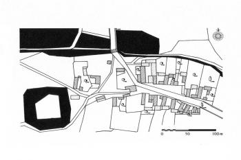 Katastrální mapa obce z roku 1837 (© Encyklopedie českých tvrzí, Praha 2005, III. díl, s. 371 (kreslil J. Úlovec))