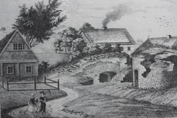 Kresba zbytků tvrze, provedená roku 1847. Vpravo spodní část okrouhlé věže (Autor kresby Brandtl, uveřejněna in F. A. Heber: Böhmens Burgen, Vesten und Bergschlösser, Praha 1843 - 49)