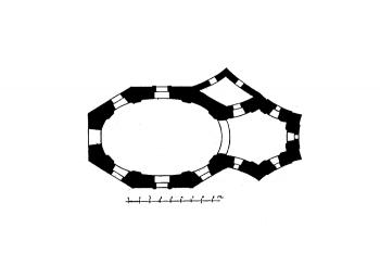 půdorys kostela ( © Karel B. Mádl: Soupis památek historických a uměleckých v Království Českém, sv. 01 Politický okres Kolínský, Archaelogická komise při České akademii císaře Františka Josefa pro vědy, slovesnost a umění, Praha 1897)