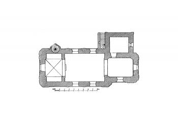 půdorys kostela ( © Antonín Podlaha: Soupis památek historických a uměleckých v Království Českém, sv. 24 Politický okres českobrodský, Archaelogická komise při České akademii císaře Františka Josefa pro vědy, slovesnost a umění, Praha 1907)