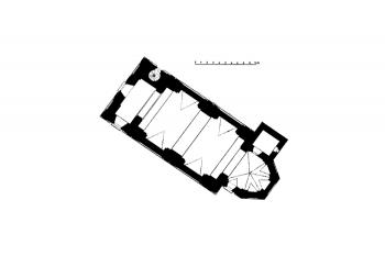 půdorys kostela ( © Josef Soukup: Soupis památek historických a uměleckých v Království Českém, sv. 18 Politický okres Pelhřimovský, Archaelogická komise při České akademii císaře Františka Josefa pro vědy, slovesnost a umění, Praha 1903)