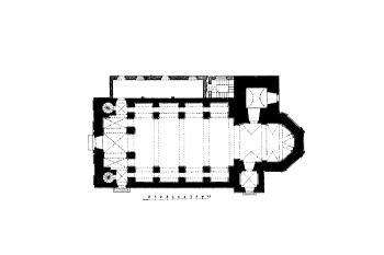 půdorys kostela ( © Josef Soukup: Soupis památek historických a uměleckých v Království Českém, sv. 18 Politický okres Pelhřimovský, Archaelogická komise při České akademii císaře Františka Josefa pro vědy, slovesnost a umění, Praha 1903)