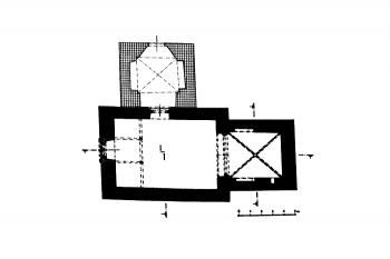 půdorys kostela ( © Karel Kibic ml.: Klenby středověkých kostelů s pravoúhlým presbyteriem na Kutnohorsku, Svorník V/2007; Sdružení pro SHP, NPÚ ÚOP Brno a Unicornis, Praha 2007)