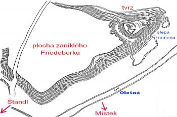 terénní náčrt lokality zaniklé trhové vsi s tvrzí od M. Borise ( © J. Tichánek a kolektiv: Šlechtická sídla na Frýdecko-Místecku, Alpress, Frýdek-Místek 2006)