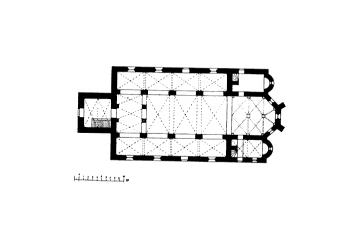 půdorys kostela ( © Josef Braniš: Soupis památek historických a uměleckých v Království Českém, sv. 08 Politický okres česko-budějovický, Archaelogická komise při České akademii císaře Františka Josefa pro vědy, slovesnost a umění, Praha 1900)