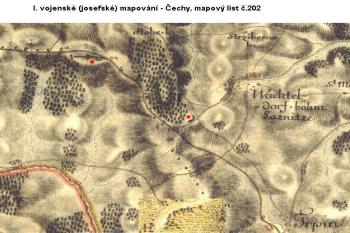 Zachycení zbytků fortifikace při vojenském mapování v letech 1764 - 1787. (Zvýrazněno červenou tečkou). (© Austrian State Archive / Military Archive, Vienna)