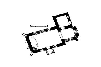 půdorys kostela ( © Jan Žižka, podle Zdeněk Wirth: Soupis památek historických a uměleckých v Království Českém, sv. 26 Politický okres kladenský, Archaelogická komise při České akademii císaře Františka Josefa pro vědy, slovesnost a umění, Praha 1907)