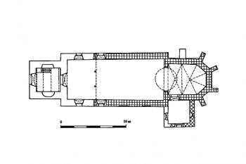 půdorys kostela (© Jan Smetana, Lucie Kracíková: Vlastivědná knihovnička SPS 9: Románská a gotická sakrální architektura v okrese Česká Lípa, Společnost přátel starožitností v Praze, Praha 2000)