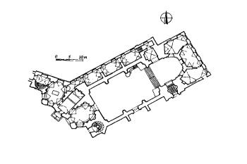 půdorys kostela v úrovni přízemí ( © J. Slavík (in František Musil, Ladislav Svoboda: Hrady, zámky a tvrze okresu Rychnov nad Kněžnou, Grantis, Ústí nad Orlicí 1998))
