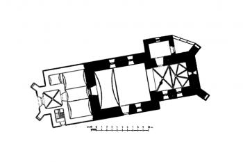 půdorys kostela (© Zdeněk Wirth: Soupis památek historických a uměleckých v Království Českém, sv. 22 Politický okres poličský, Archaelogická komise při České akademii císaře Františka Josefa pro vědy, slovesnost a umění, Praha 1906)