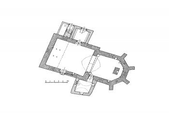 půdorys kostela ( © Karel Kibic ml.,: Středověká venkovská sakrální architektura na Čáslavsku, Vlastivědná knihovnička SPS 17, Společnost přátel starožitností, Praha 2010)