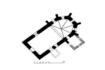 půdorys kostela ( © Ferdinand Velc: Soupis památek historických a uměleckých v Království Českém, sv. 20 Politický okres slanský, Archaelogická komise při České akademii císaře Františka Josefa pro vědy, slovesnost a umění, Praha 1904)