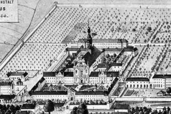 pohled od západu v r. 1876 ( © Petr Fiedler, Petr Uličný: Kartuziánský klášter – věznice ve Valdicích, Zprávy památkové péče 69/2009, č. 2, NPÚ-ÚP Praha, Praha 2009)