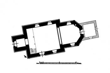 půdorys kostela ( © Antonín Podlaha, Eduard Šittler: Soupis památek historických a uměleckých v Království Českém, sv. 15 Politický okres Karlínský, Archaelogická komise při České akademii císaře Františka Josefa pro vědy, slovesnost a umění, Praha 1903)