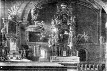interiér kostela poč. 20. století ( © Antonín Podlaha: Posvátná místa království Českého, díl III. - Vikariáty Kralovický, Vlašimský a Zbraslavský, Praha 1909)