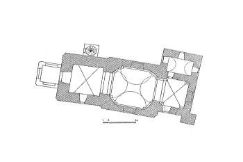půdorys kostela ( © Emanuel Poche: Soupis památek historických a uměleckých v Království Českém, sv. 48 Politický okres královédvorský, Archaelogická komise při České akademii věd a umění, Praha 1937)