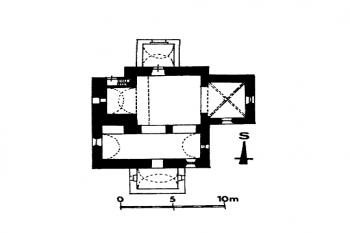 půdorys kostela (© František Kašička podle Anežky Merhautové (in F. Kašička: Sakrální stavby v denním životě našeho středověkého venkova, Archaeologica historica 24, Musejní a vlastivědná společnost v Brně, Brno 1999))