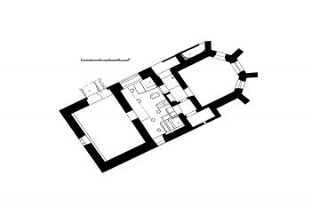 půdorys kostela ( © Linda Čiháková: Bývalý špitální kostel sv. Jana Evangelisty ve Švihově, Průzkumy památek 2000/II, Památkový ústav Středních Čech v Praze, Praha 2000)
