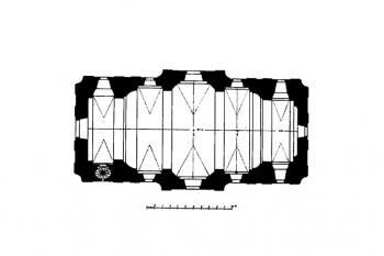 půdorys kostela (© Ferdinand Vaněk, Karel Hostaš, František Adolf Borovský: Soupis památek historických a uměleckých v Království Českém, sv. 07 Politický okres klatovský, Archaelogická komise při České akademii císaře Františka Josefa pro vědy, slovesnost a umění, Praha )