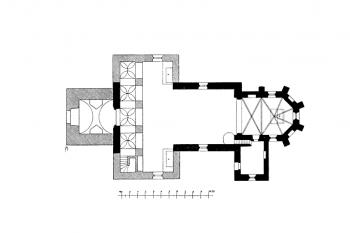 půdorys kostela ( © Antonín Cechner: Soupis památek historických a uměleckých v Království Českém, sv. 39 Politický okres rakovnický, II. díl, Archaelogická komise při České akademii císaře Františka Josefa pro vědy, slovesnost a umění, Praha 1913)