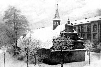 kostel v zimě 1894-5 ( © Karel Kuča: Města a městečka v Čechách, na Moravě a ve Slezsku Str-U (VII. díl), Libri, Praha 2008)