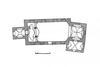půdorys kostela (© Emanuel Poche: Soupis památek historických a uměleckých v Království Českém, sv. 48 Politický okres královédvorský, Archaelogická komise při České akademii věd a umění, Praha 1937)