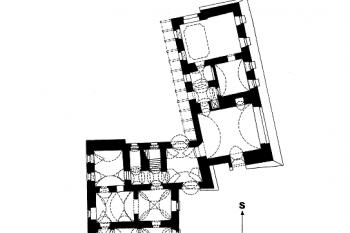 půdorys přízemí bez rozlišení stavebních fází (© Kovář, Daniel: Tvrze, hrady a zámky Českobudějovicka, Historicko-vlastivědný spolek v Českých Budějovicích, České Budějovice 2011)