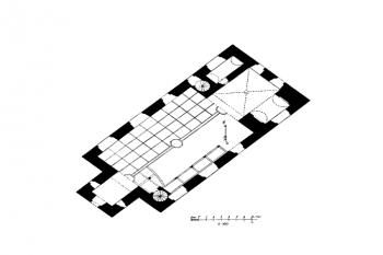 půdorys kostela ( © Richard Schmidt: Soupis památek historických a uměleckých v Království Českém, sv. 40 Politický okres jáchymovský, Archaelogická komise při České akademii císaře Františka Josefa pro vědy, slovesnost a umění, Praha 1913)