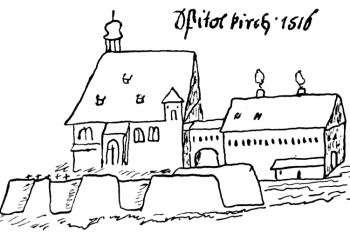 kostel se špitálem na horní mapě z r. 1593 ( © Richard Schmidt: Soupis památek historických a uměleckých v Království Českém, sv. 40 Politický okres jáchymovský, Archaelogická komise při České akademii císaře Františka Josefa pro vědy, slovesnost a umění, Praha 1913)
